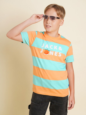 Jack & Jones Junior Boys Striped Cotton Blend Regular T Shirt(Blue, Pack of 1)