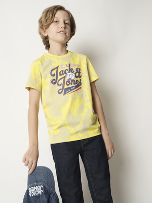 Jack & Jones Junior Boys Typography, Printed Cotton Blend Regular T Shirt(Yellow, Pack of 1)
