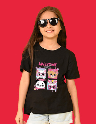 Nusyl Girls Graphic Print Cotton Blend Oversized T Shirt(Black, Pack of 1)
