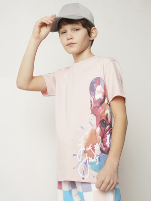 Jack & Jones Junior Boys Printed Cotton Blend Regular T Shirt(Pink, Pack of 1)