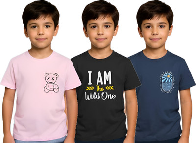 Reya Boys Graphic Print Cotton Blend Regular T Shirt(Multicolor, Pack of 3)
