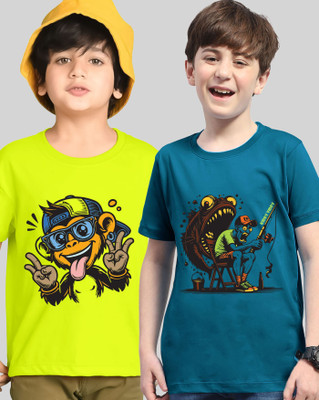 AOOSH Boys Graphic Print Cotton Blend Regular T Shirt(Dark Blue, Light Green, Pack of 2)