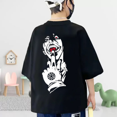 FASTCRY Boys Printed Pure Cotton Oversized T Shirt(Black, Pack of 1)