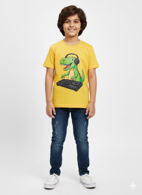 SOUNIK FASHION SDS Boys & Girls Printed Pure Cotton Regular T Shirt(Yellow, Pack of 1)