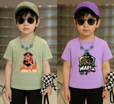 Lecowar Boys Printed Polyester Regular T Shirt(Green, Purple, Pack of 1)