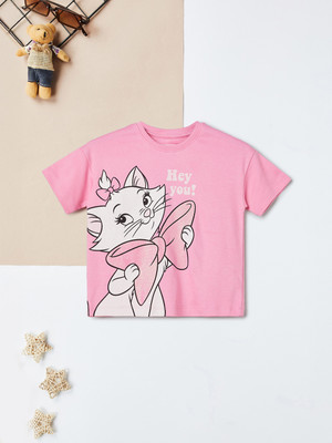 MAX Girls Printed Pure Cotton Regular T Shirt(Pink, Pack of 1)