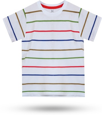 Dechado Boys Striped Pure Cotton Regular T Shirt(White, Pack of 1)