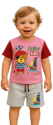 IG FASHION Baby Boys & Baby Girls Graphic Print Pure Cotton Regular T Shirt(Pink, Pack of 1)