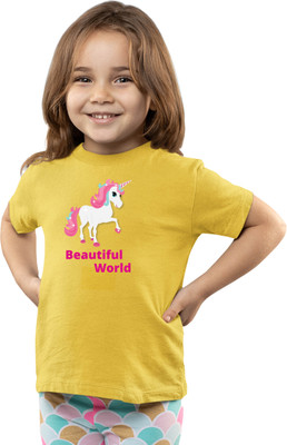 Printabulous Girls Printed Pure Cotton Regular T Shirt(Black, Pack of 1)