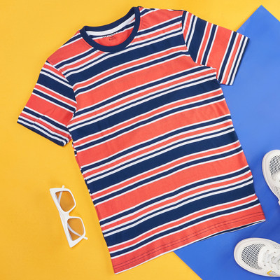 Pantaloons Junior Boys Striped Pure Cotton Regular T Shirt(Red, Pack of 1)