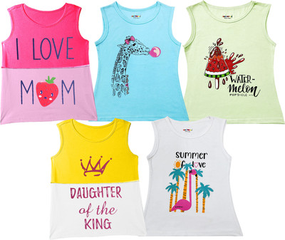 Kuchipoo Girls Printed Cotton Blend Regular T Shirt(Multicolor, Pack of 5)