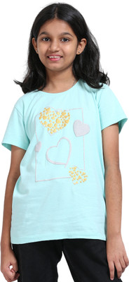 estuna Girls Graphic Print Pure Cotton Regular T Shirt(Light Green, Pack of 1)