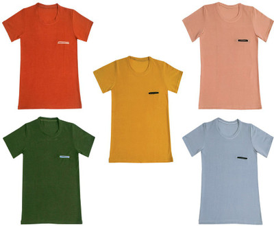 KAVYA Boys & Girls Solid Polyester Regular T Shirt(Multicolor, Pack of 5)