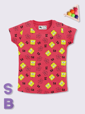 YK X Minute Mirth Girls Printed Pure Cotton Regular T Shirt(Pink, Pack of 1)