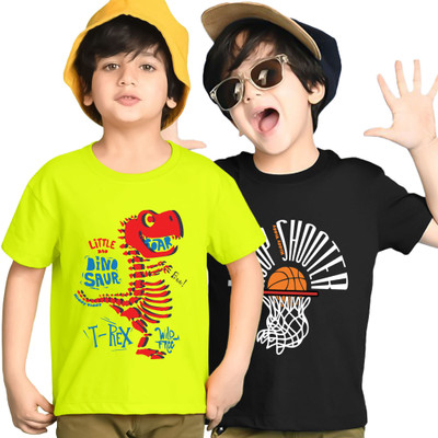 Kiddy Viddy Boys Printed Cotton Blend Regular T Shirt(Light Green, Black, Pack of 2)