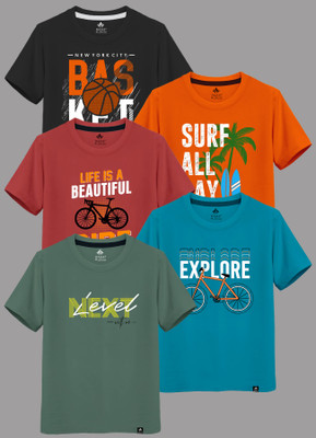 Raax Boys Printed Pure Cotton Regular T Shirt(Multicolor, Pack of 5)