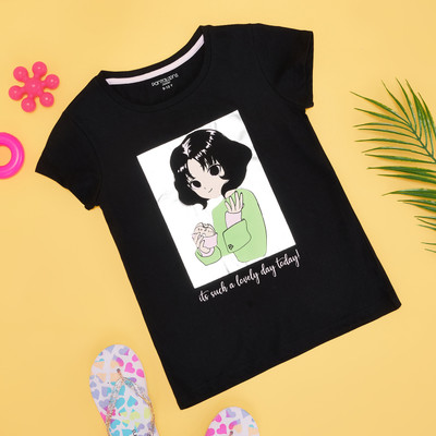 Pantaloons Junior Girls Graphic Print Pure Cotton Regular T Shirt(Black, Pack of 1)