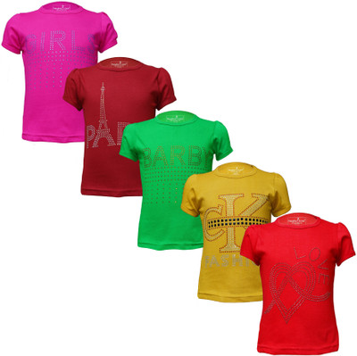 Eazy Trends Girls Polka Print, Printed Pure Cotton Regular T Shirt(Multicolor, Pack of 5)