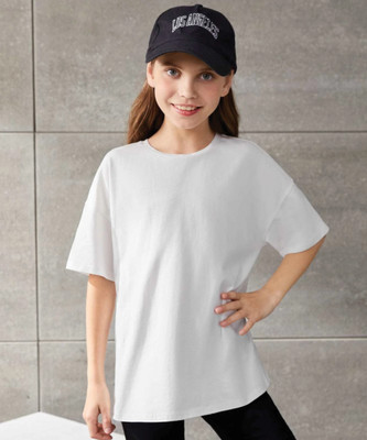 Christy World Girls Printed Pure Cotton Oversized T Shirt(White, Pack of 1)