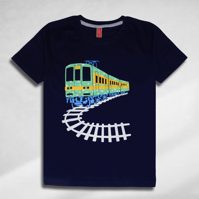 Omm Boys Printed Cotton Blend Regular T Shirt(Blue, Pack of 1)