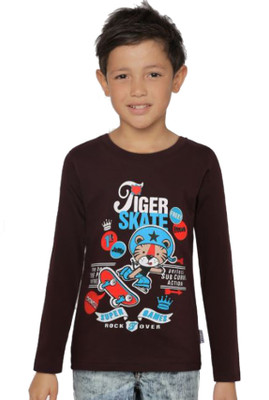 dongli Boys Typography, Printed Cotton Blend Regular T Shirt(Brown, Pack of 1)