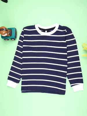 V-MART Boys Striped Cotton Blend Regular T Shirt(Blue, White, Pack of 1)