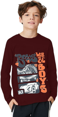 ENZIKO Boys Graphic Print Cotton Blend Regular T Shirt(Maroon, Pack of 1)