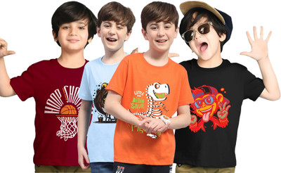 Kiddy Viddy Boys Printed Cotton Blend Regular T Shirt(Maroon, Orange, Pack of 4)
