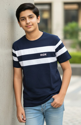 rkg Boys Striped Cotton Blend Regular T Shirt(White, Black, Pack of 1)