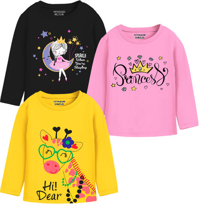 Billion Girls Printed Cotton Blend Regular T Shirt(Multicolor, Pack of 3)
