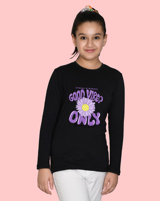 Nusyl Girls Graphic Print Cotton Blend Regular T Shirt(Black, Pack of 1)