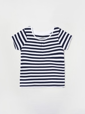 Juniors by Lifestyle Baby Girls Striped Cotton Blend Regular T Shirt(Blue, Pack of 1)