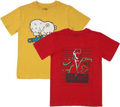 Texman Boys Printed Pure Cotton Regular T Shirt(Yellow, Pack of 2)