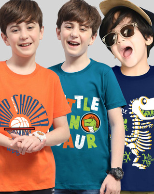 AOOSH Boys Printed Cotton Blend Regular T Shirt(Orange, Dark Blue, Pack of 3)