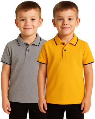 EyeWater Boys Solid Cotton Blend Regular T Shirt(Grey, Yellow, Pack of 2)