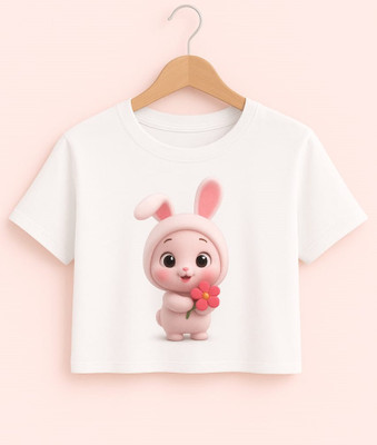 Mukoo Girls Printed Cotton Blend Regular T Shirt(White, Pack of 1)