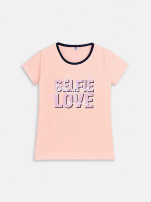 Here&Now X Game Begins Baby Girls Printed Cotton Blend Regular T Shirt(Orange, Pack of 1)