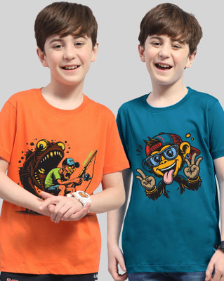 AOOSH Boys Printed Cotton Blend Regular T Shirt(Orange, Dark Blue, Pack of 2)