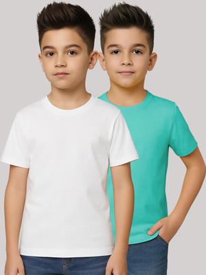 FRISKERS Boys Solid Pure Cotton Regular T Shirt(White, Blue, Pack of 2)