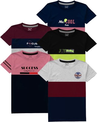 MIST N FOGG Boys Colorblock Cotton Blend T Shirt(Multicolor, Pack of 5)