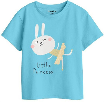 BONKIDS Girls Printed Pure Cotton Regular T Shirt(Blue, Pack of 1)