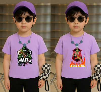 Lecowar Boys Graphic Print Polyester Regular T Shirt(Purple, Pack of 2)