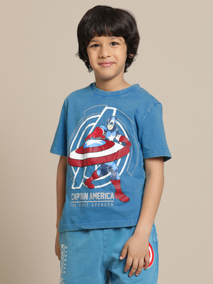 kidsville Boys Printed Cotton Blend Regular T Shirt(Blue, Pack of 1)