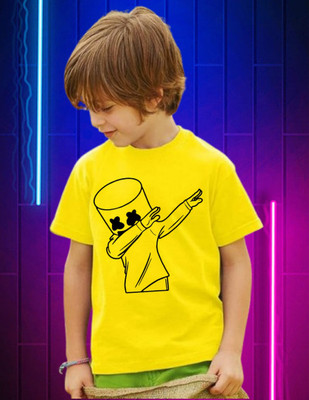Snojh Boys & Girls Printed Cotton Blend Regular T Shirt(Yellow, Pack of 1)