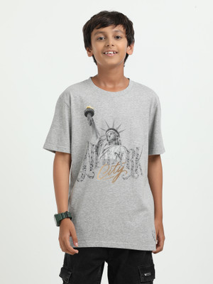 estuna Boys Graphic Print Pure Cotton Regular T Shirt(Grey, Pack of 1)