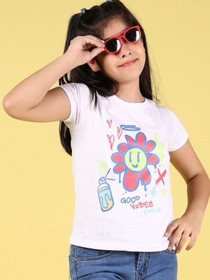 V-MART Girls Printed Cotton Blend Regular T Shirt(White, Pack of 1)