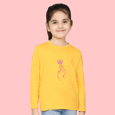 Nusyl Girls Printed Cotton Blend Regular T Shirt(Yellow, Pack of 1)
