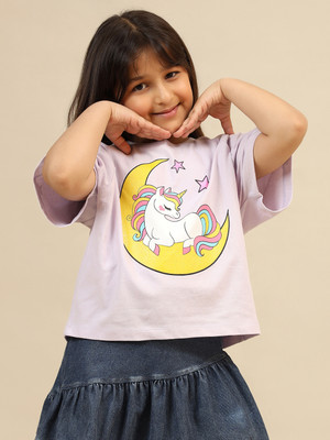 kidsville Girls Graphic Print Pure Cotton Oversized T Shirt(Purple, Pack of 1)