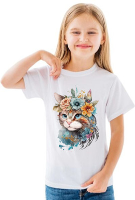 BQC Girls Printed Polyester Regular T Shirt(White, Pack of 1)
