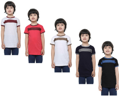KAVYA Boys Self Design Pure Cotton Regular T Shirt(Multicolor, Pack of 5)